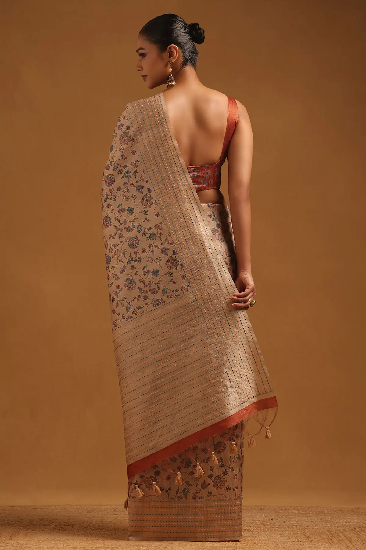 Rust Tussar Floral Saree With Kantha Embroidery